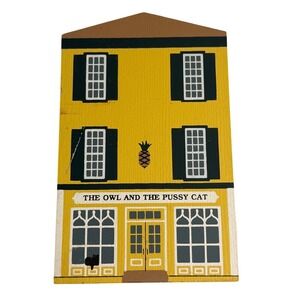 VTG The Cat's Meow Village The Owl and the Cat Yellow Wood Block Series X